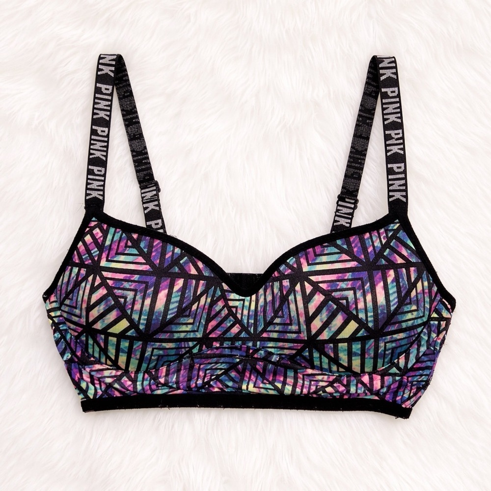 PINK Victoria’s Secret Geometric Strappy Back Bralette Size Small Colorful Logo